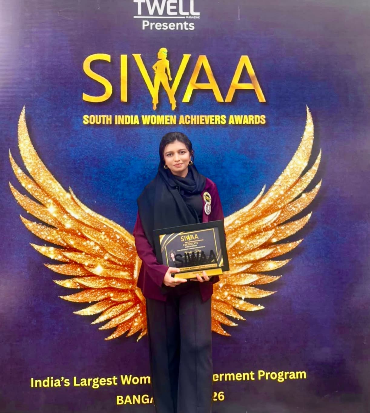 Aurshia Tahir with SIWAA Certificate of Recognition at South India Women Achievers Awards 2026